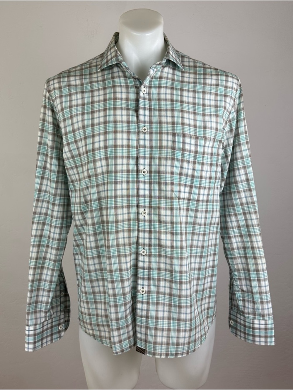 Billy Reid Plaid Button-Down Shirt in Teal and Brown